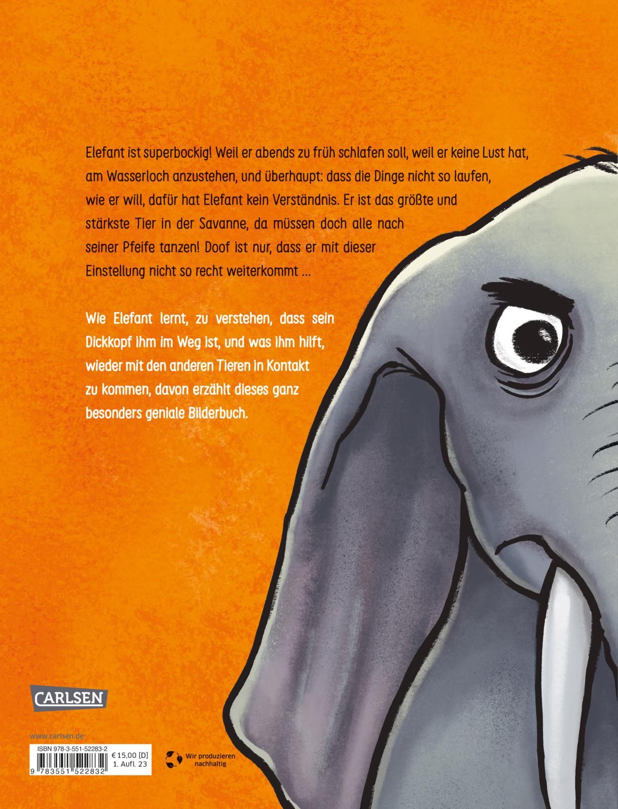 Rückseite des Buches "Elefant will durch die Wand". Text über den Inhalt. Illustration eines Elefantenkopfes. Carlsen-Verlag. ISBN-Code.