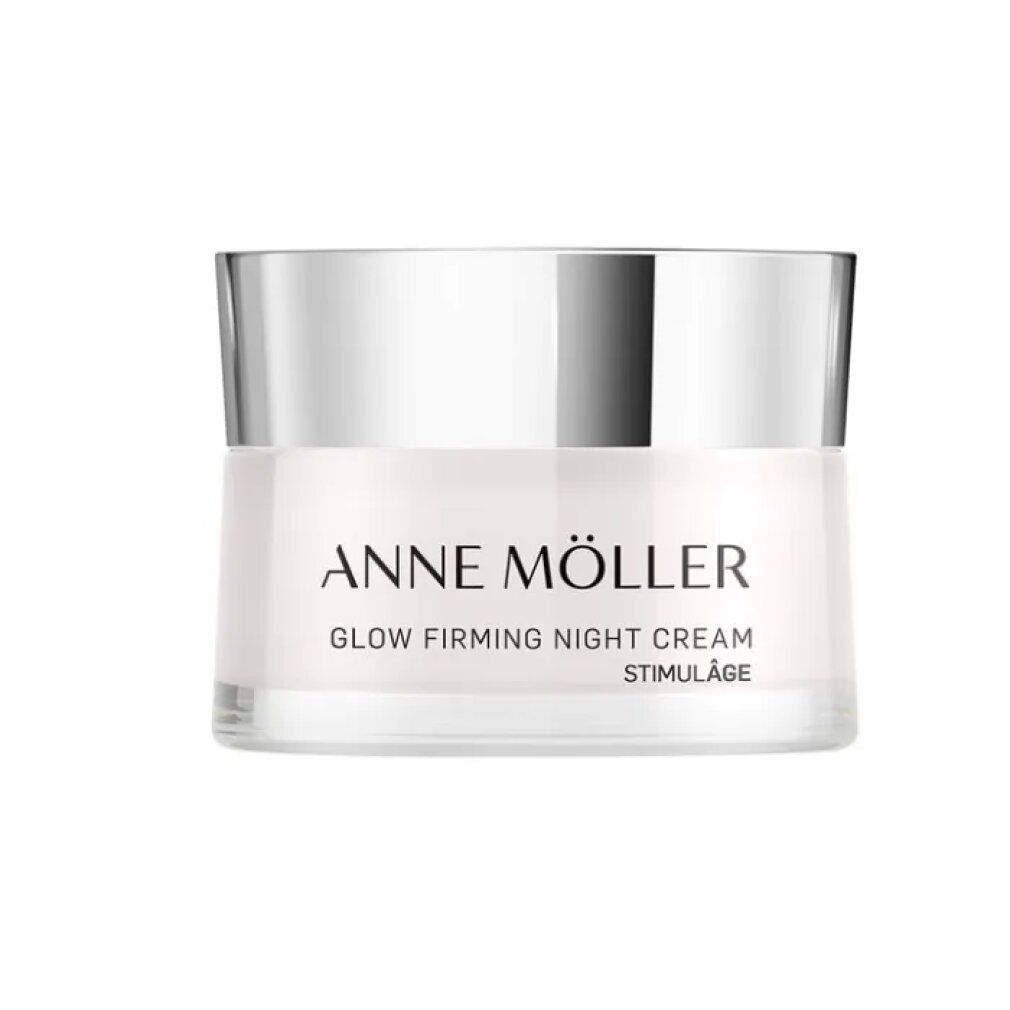 Creme-Tiegel mit silbernem Deckel. Aufschrift: ANNE MÖLLER, GLOW FIRMING NIGHT CREAM, STIMULÂGE.