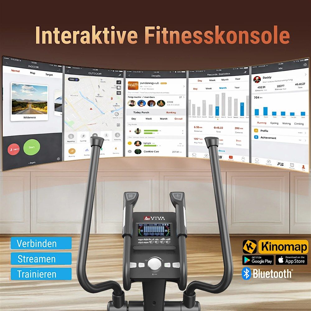 Konsolenansicht eines Crosstrainers C28 Runner mit App-Schnittstellen und Bluetooth.