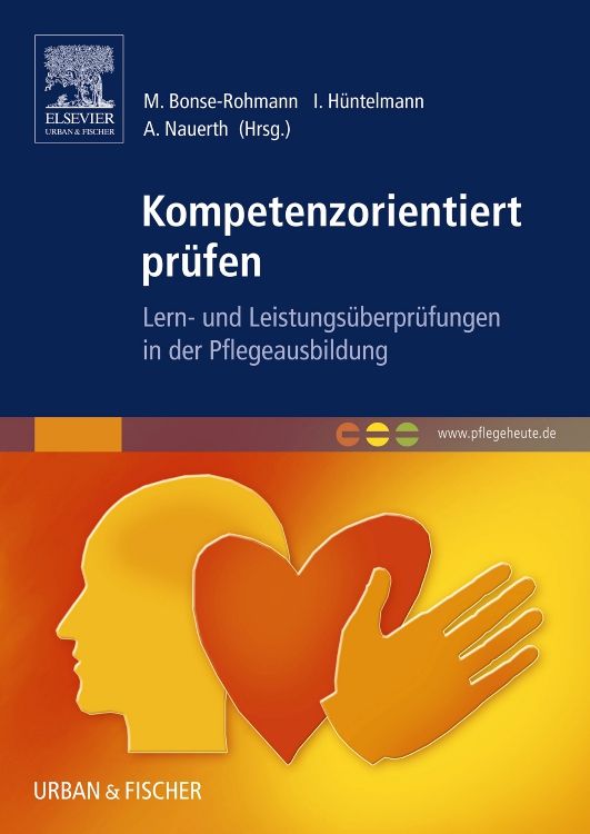 Buchcover: Kompetenzorientiert prüfen. Titel, Autoren, Logo Elsevier Urban & Fischer. Illustration: Kopf, Herz, Hand.