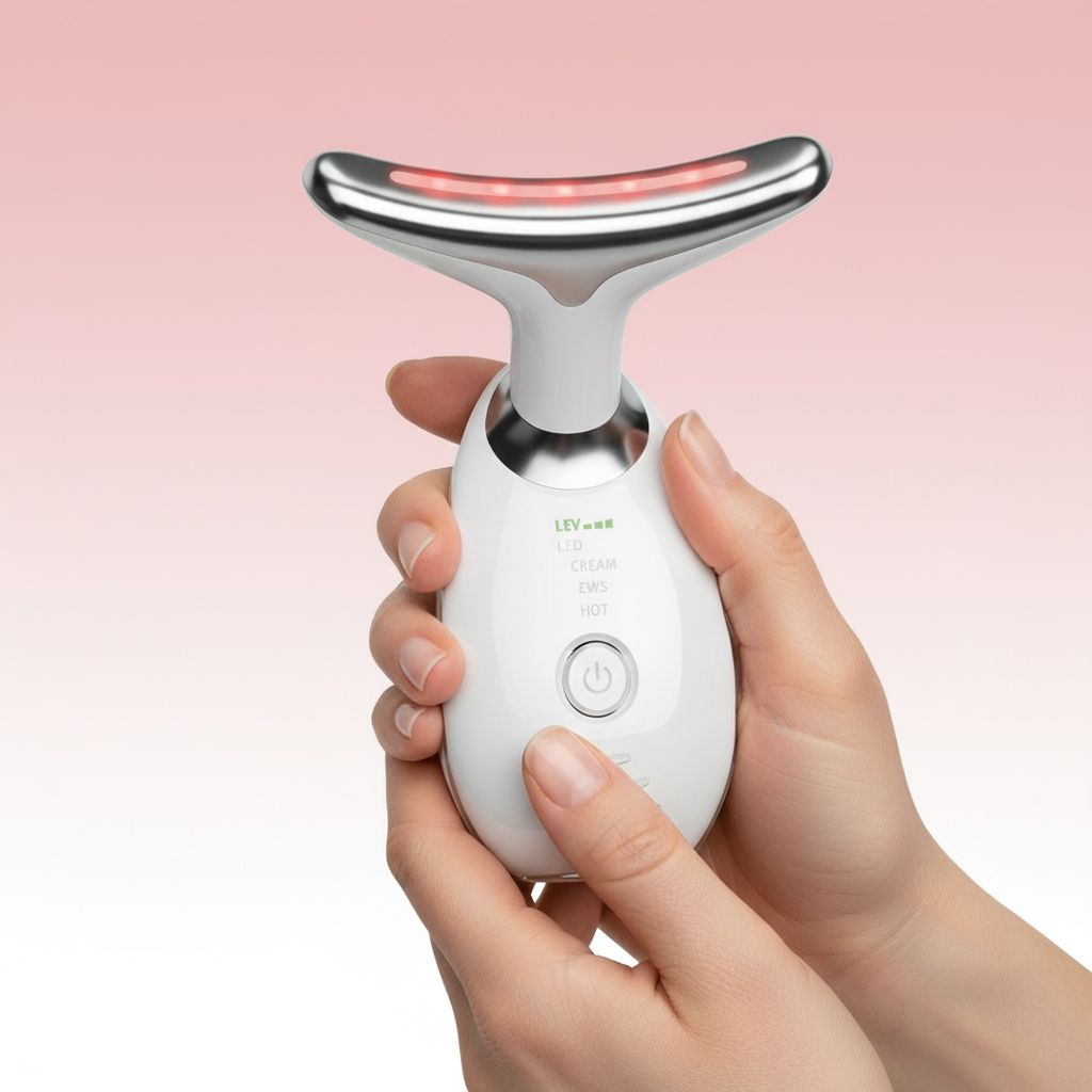 Weißes Gerät mit gebogenem Kopf, gehalten in Händen. Roter Lichtstreifen am Kopf, LED-Anzeige. Hintergrund rosa.