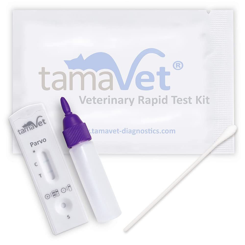 Testkit mit Teststreifen, Fläschchen und Tupfer. Verpackung mit Logo und Produktname.