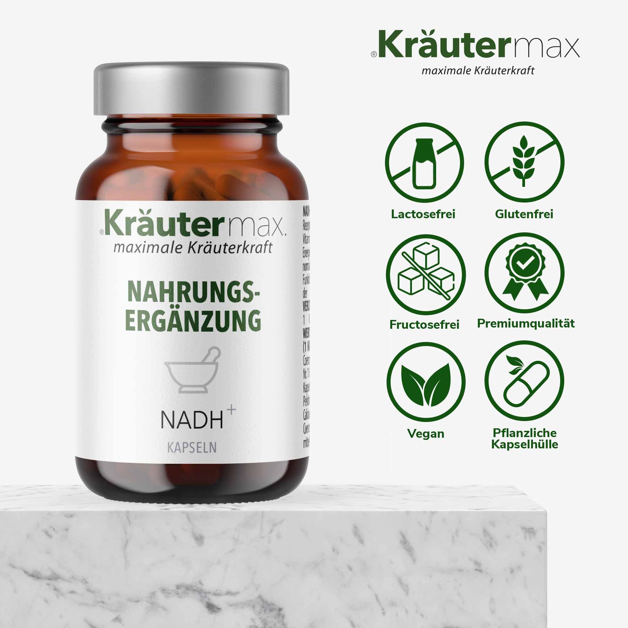 Braune Glasflasche mit weißem Etikett. Text: NADH Kapseln, Nahrungsergänzung. Logos: Laktosefrei, Glutenfrei, Fructosefrei, Premiumqualität, Vegan, Pflanzliche Kapselhülle.