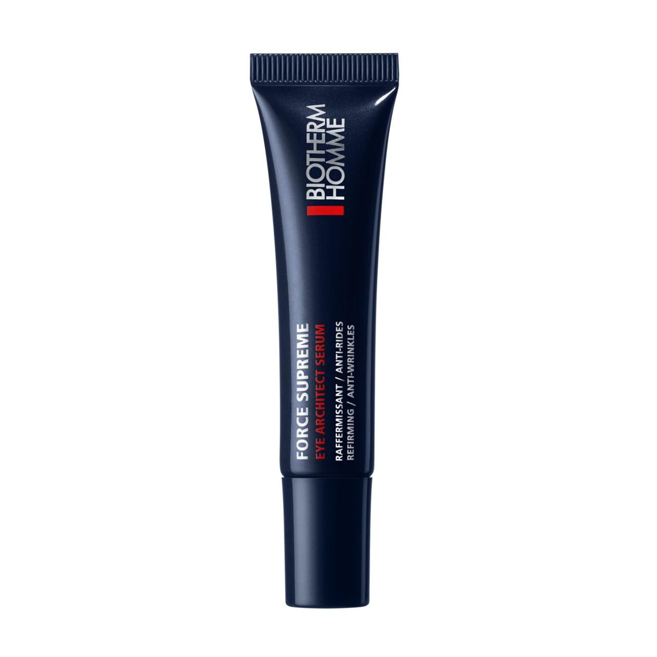 Dunkelblaue Tube mit schwarzem Verschluss. Text: BIOTHERM HOMME, FORCE SUPREME EYE ARCHITECT SERUM.