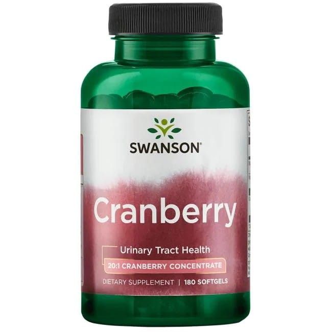 Grüne Flasche mit Swanson Cranberry-Kapseln. Aufschrift: Cranberry, Urinary Tract Health, 20:1 Cranberry Concentrate, Dietary Supplement, 180 Softgels.