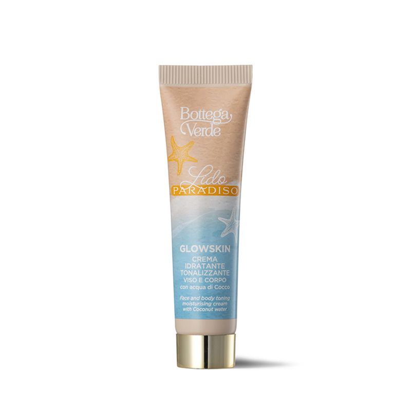 Tubo di crema con nome e logo del prodotto. Testo: Glowskin, crema viso e corpo all'acqua di cocco. Chiusura dorata.