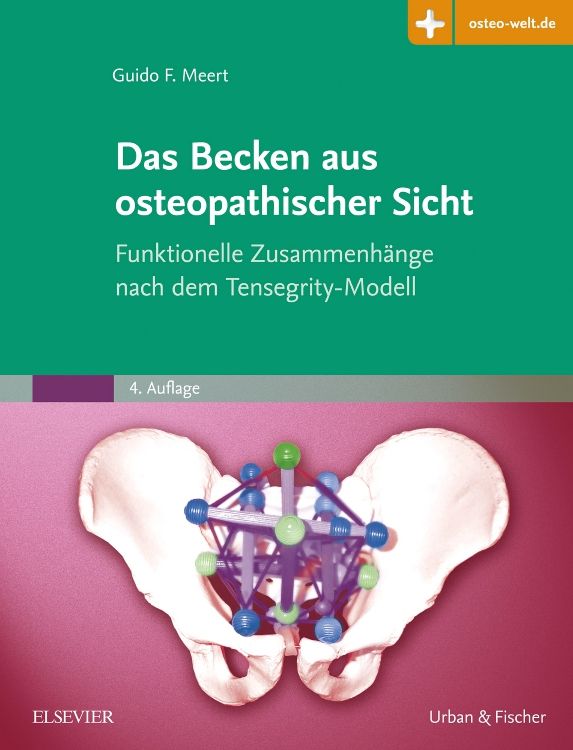 Buchcover: "Das Becken aus osteopathischer Sicht". Autor: Guido F. Meert. Verlag: Elsevier, Urban & Fischer. Abbildung eines Beckens mit Modell.