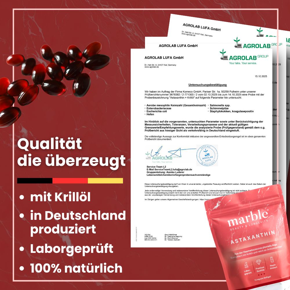 Rote Softgel-Kapseln und Dokumente. Text: Qualität, mit Krillöl, in Deutschland produziert, laborgeprüft, 100% natürlich. Verpackung.