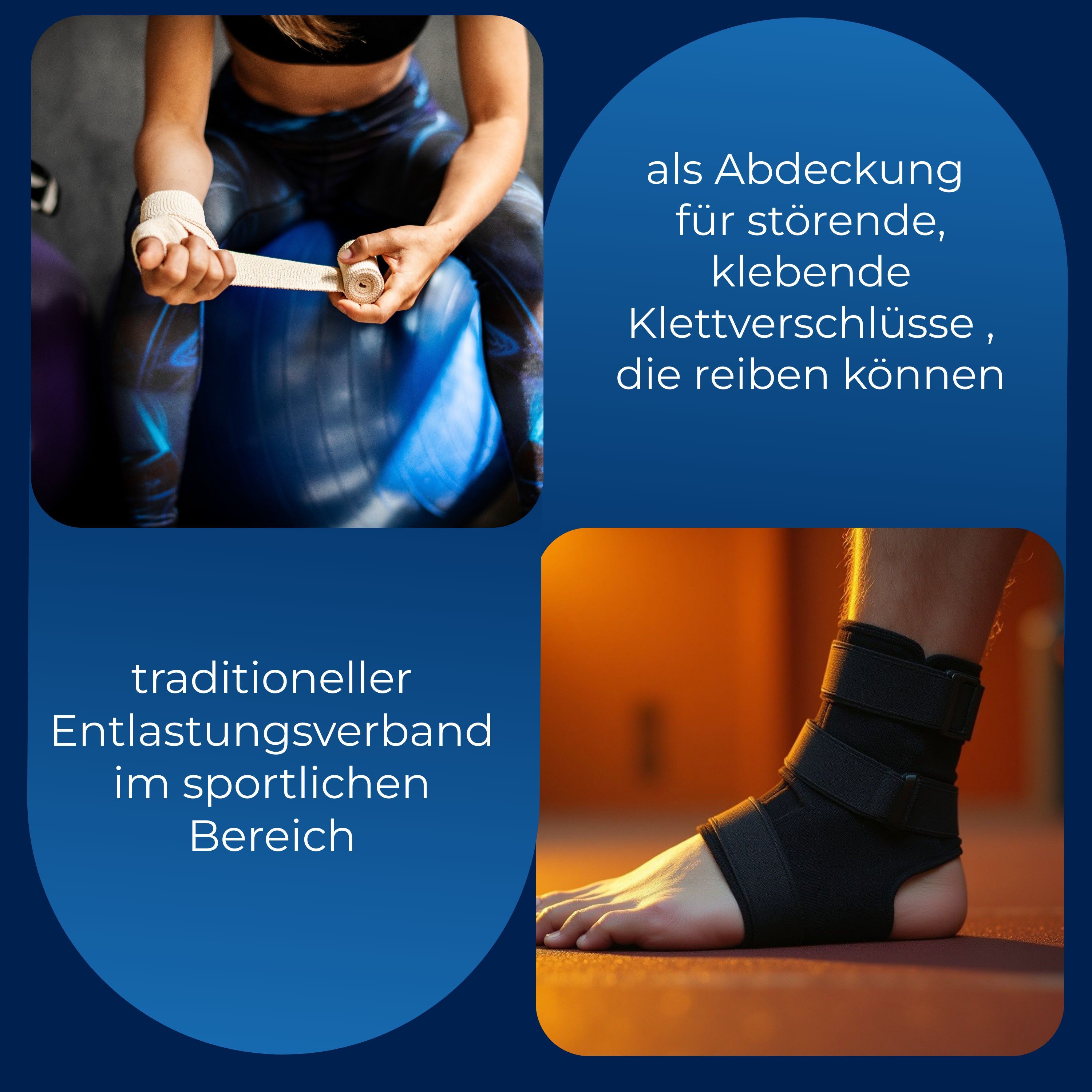 Zwei Bilder: Person wickelt Hand ein, Knöchelbandage. Text: 'als Abdeckung für störende, klebende Klettverschlüsse'.