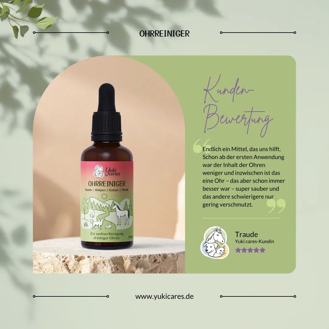 Braune Flasche mit Tropfer. Rosa Etikett mit Text: Ohrreiniger. Kundenbewertung mit Zitat und Sternebewertung.