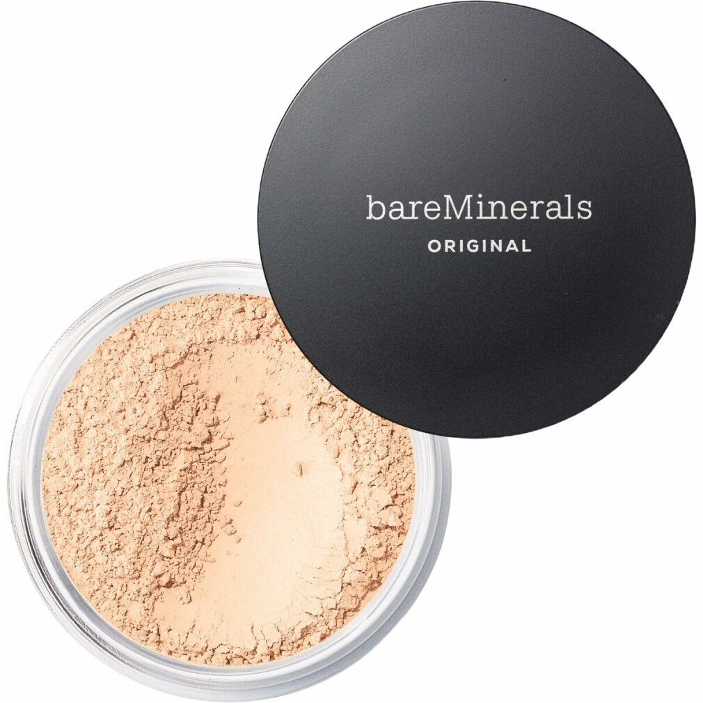 Bareminerals Original Foundation. Offene Dose mit losem Puder. Schwarzer Deckel mit weißem Schriftzug. Helle Puderfarbe.
