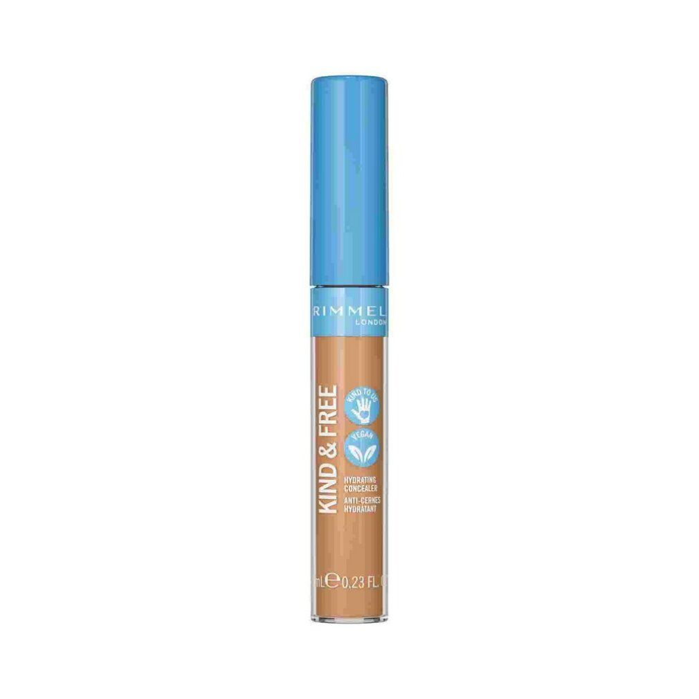 Concealer-Tube mit blauem Deckel. Aufschrift: KIND & FREE, Rimmel London. Farbton: 30-Medium. Vegan-Siegel.