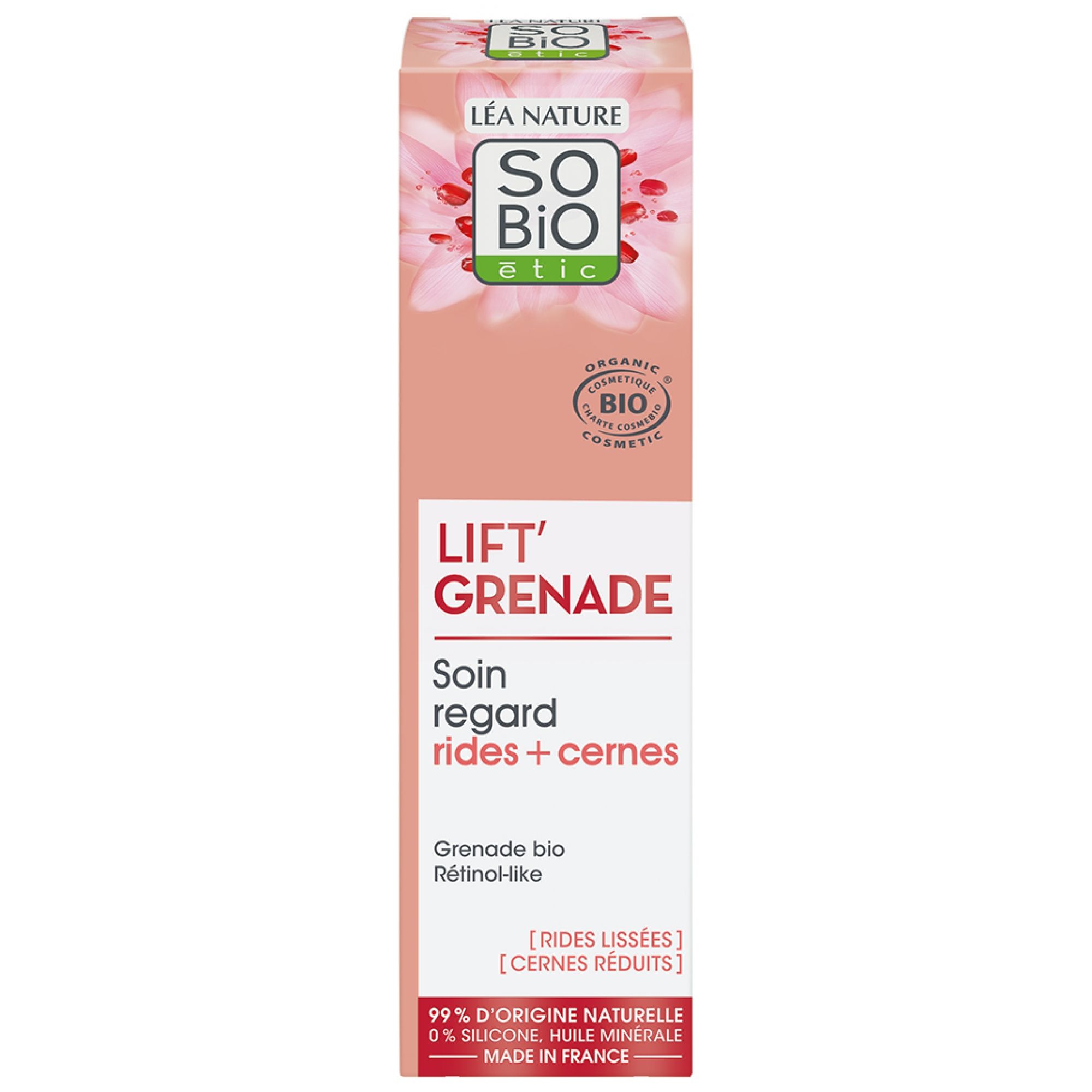 SO BIO étic Lift'Grenade Augenpflege. Bio-Kosmetik mit Granatapfel und Retinol-like. Reduziert Falten und Augenringe.