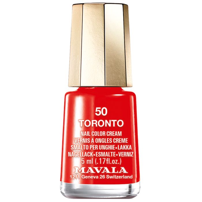 Roter Nagellackflakon mit goldfarbenem Deckel. Aufschrift: Toronto, 50, Nail Color Cream, Mavala.