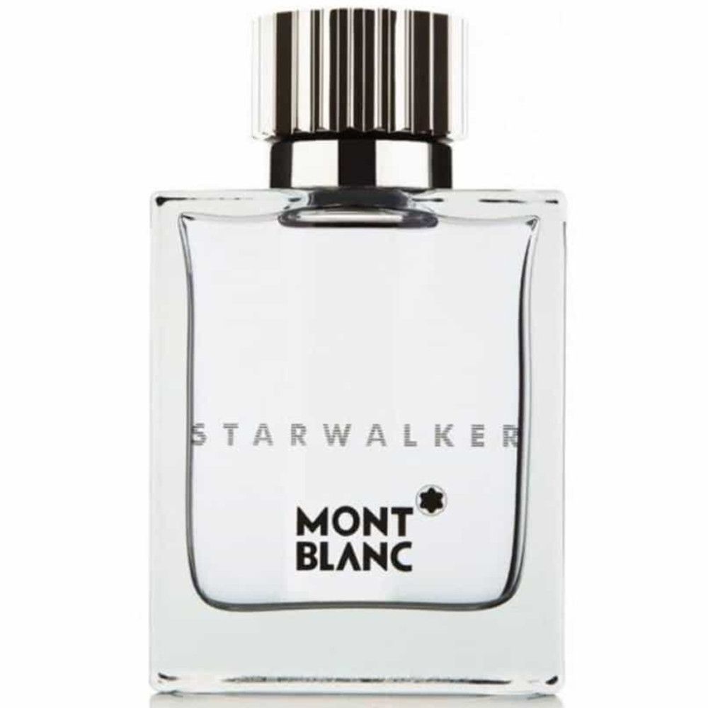 Montblanc Starwalker Eau de Toilette Spray. Quadratischer Glasflakon mit silbernem Verschluss. Markenname und Produktname sind aufgedruckt.