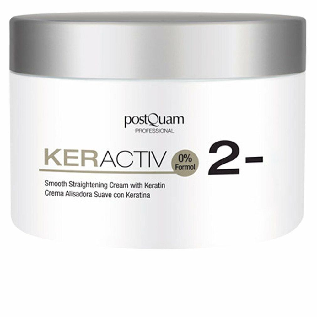 PostQuam Keractiv 2- Glättungscreme mit Keratin, 0% Formal. Weiße Dose mit silbernem Deckel.