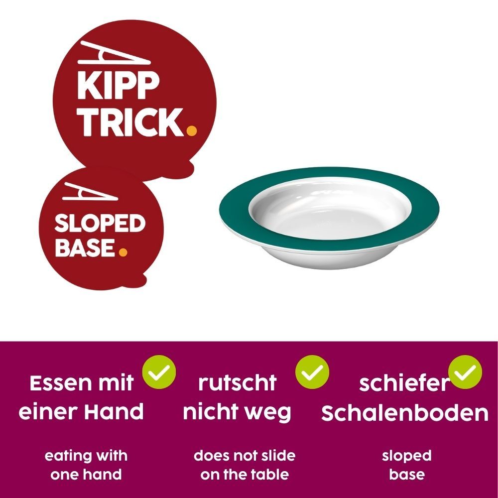 Schale mit grünem Rand und Kipp-Trick-Funktion. Text: Kipp Trick, schiefer Schalenboden.