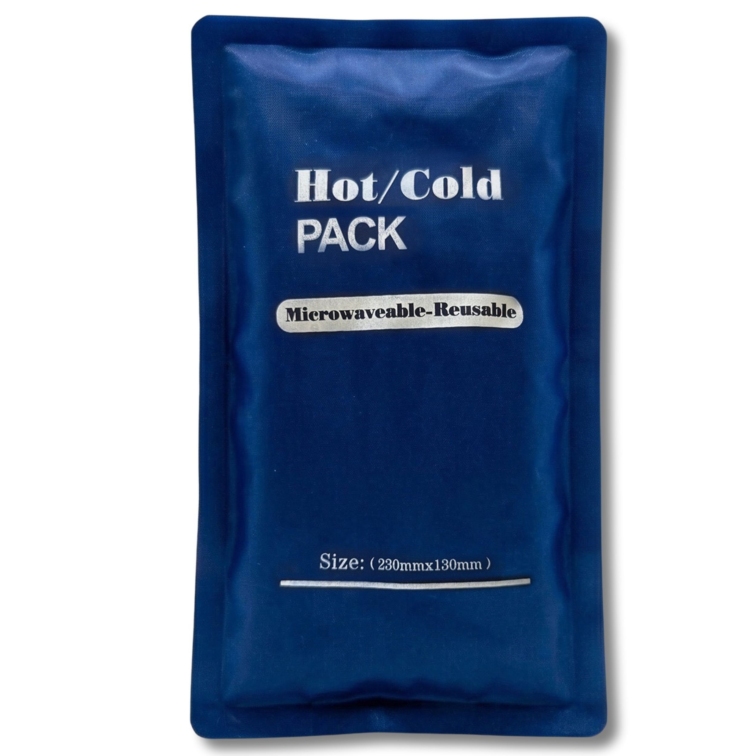 Blaues Hot/Cold Pack. Text: Hot/Cold PACK, Microwaveable-Reusable. Größe: 230mmx130mm.