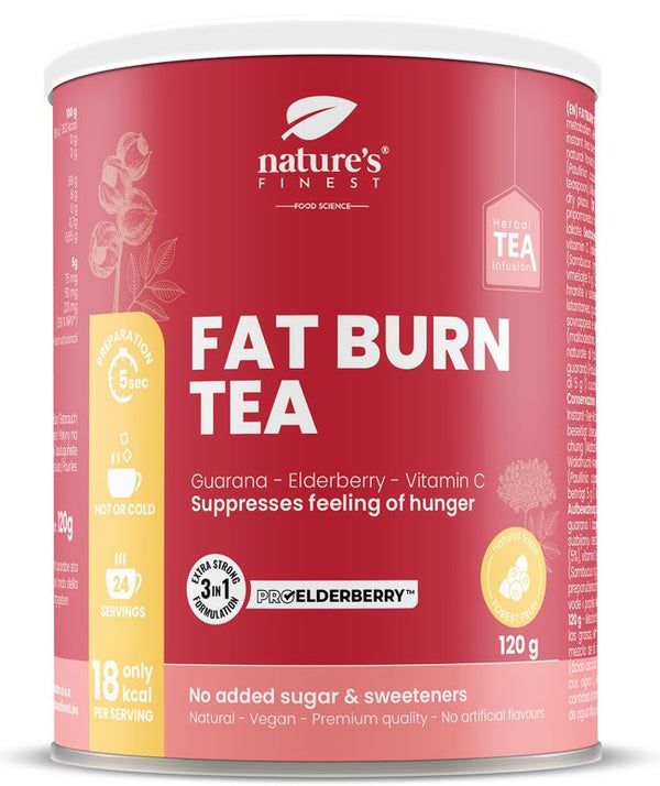 Rote Dose mit Aufschrift "FAT BURN TEA". Enthält Guarana, Holunderbeere, Vitamin C. 120g. "Nature's Finest" Logo.