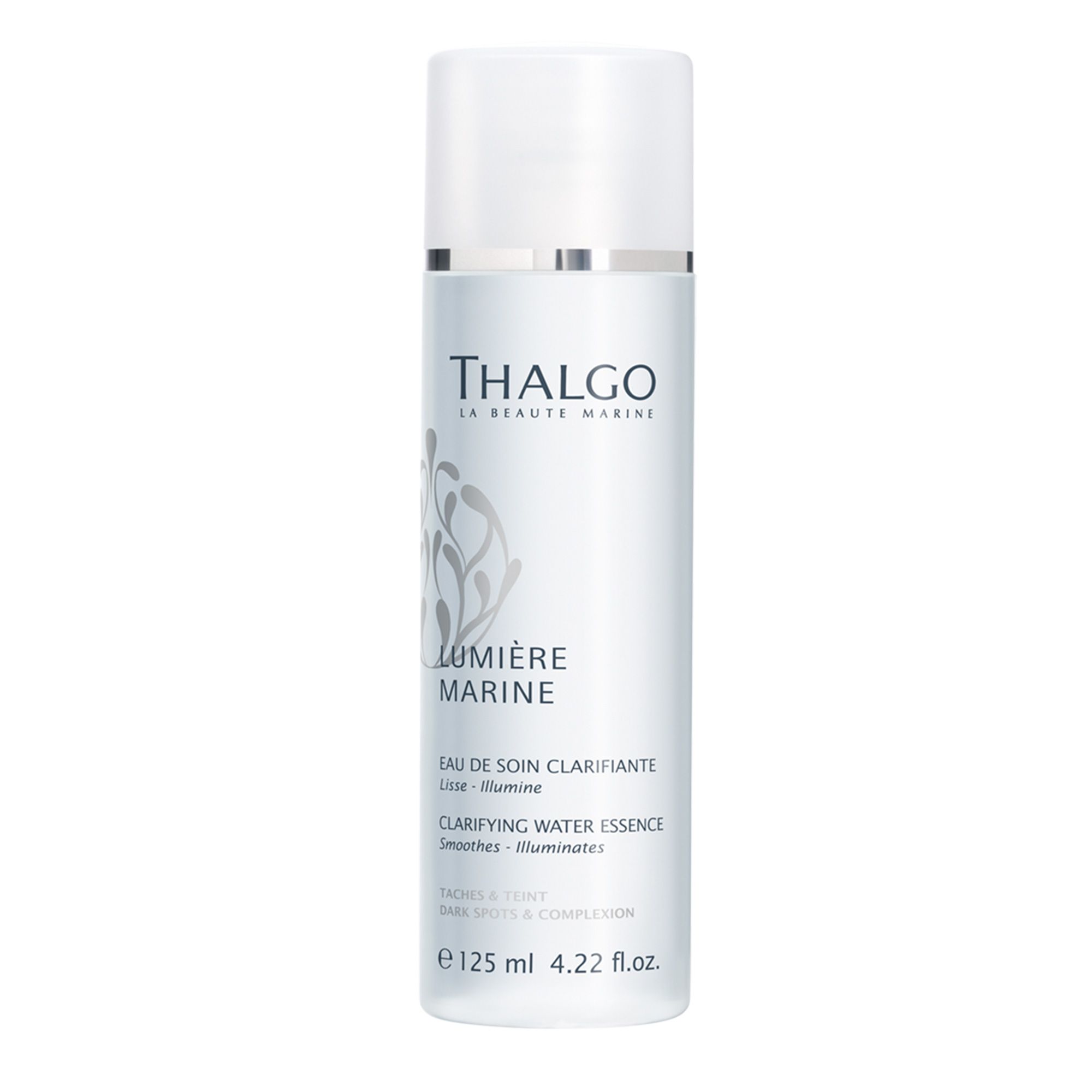 Weiße Flasche mit silbernem Deckel. Schriftzug: Thalgo, Lumière Marine. Text: Eau de soin clarifiante, Clarifying Water Essence.