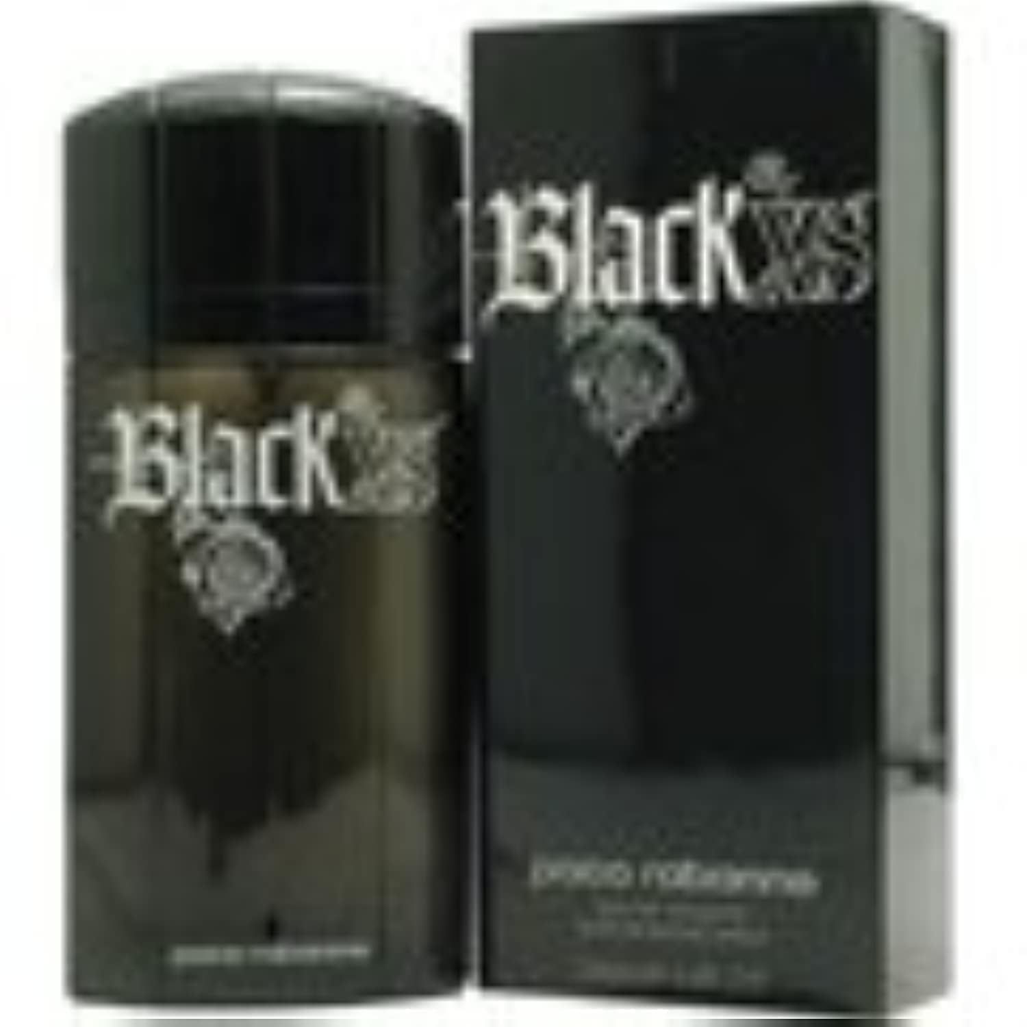 Schwarzer Flakon und Schachtel. Aufschrift Black XS und Paco Rabanne. Eau de Toilette.