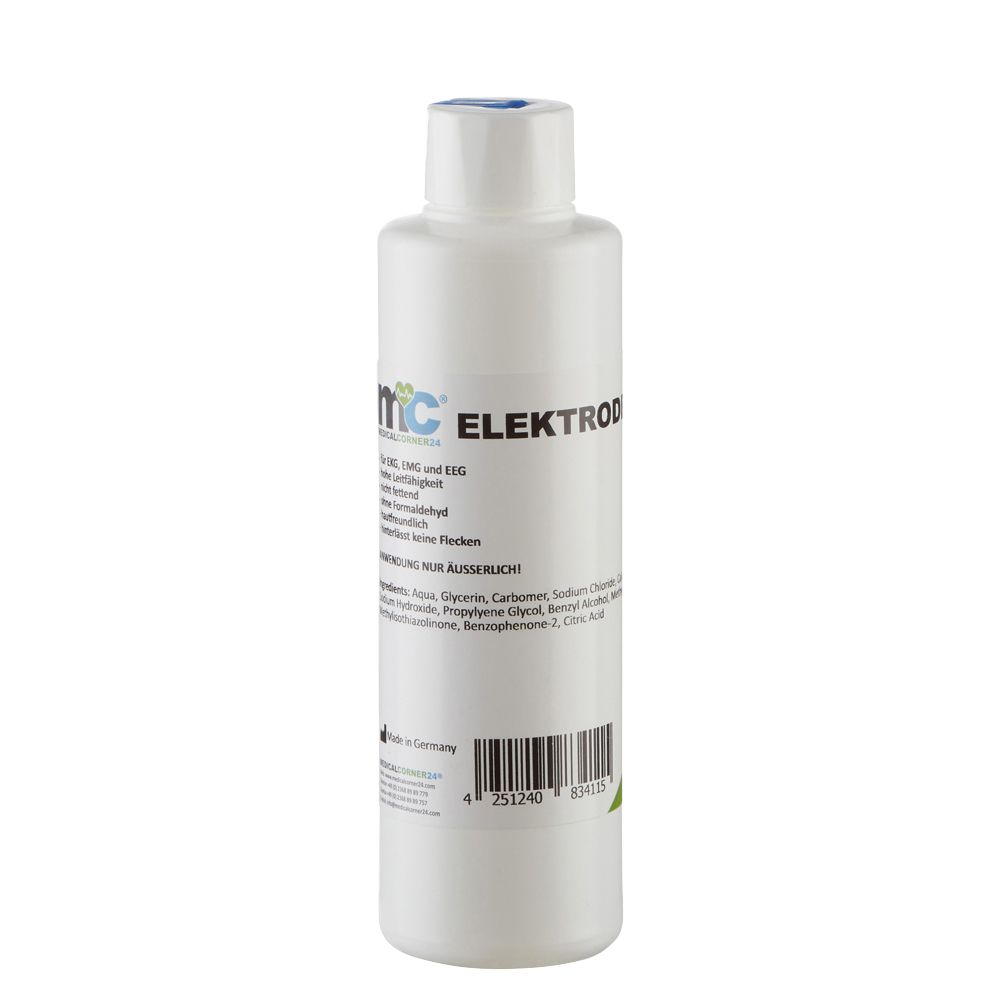 Weiße Kunststoffflasche mit Elektrodengel, Etikett mit Produktinformationen und Barcode.