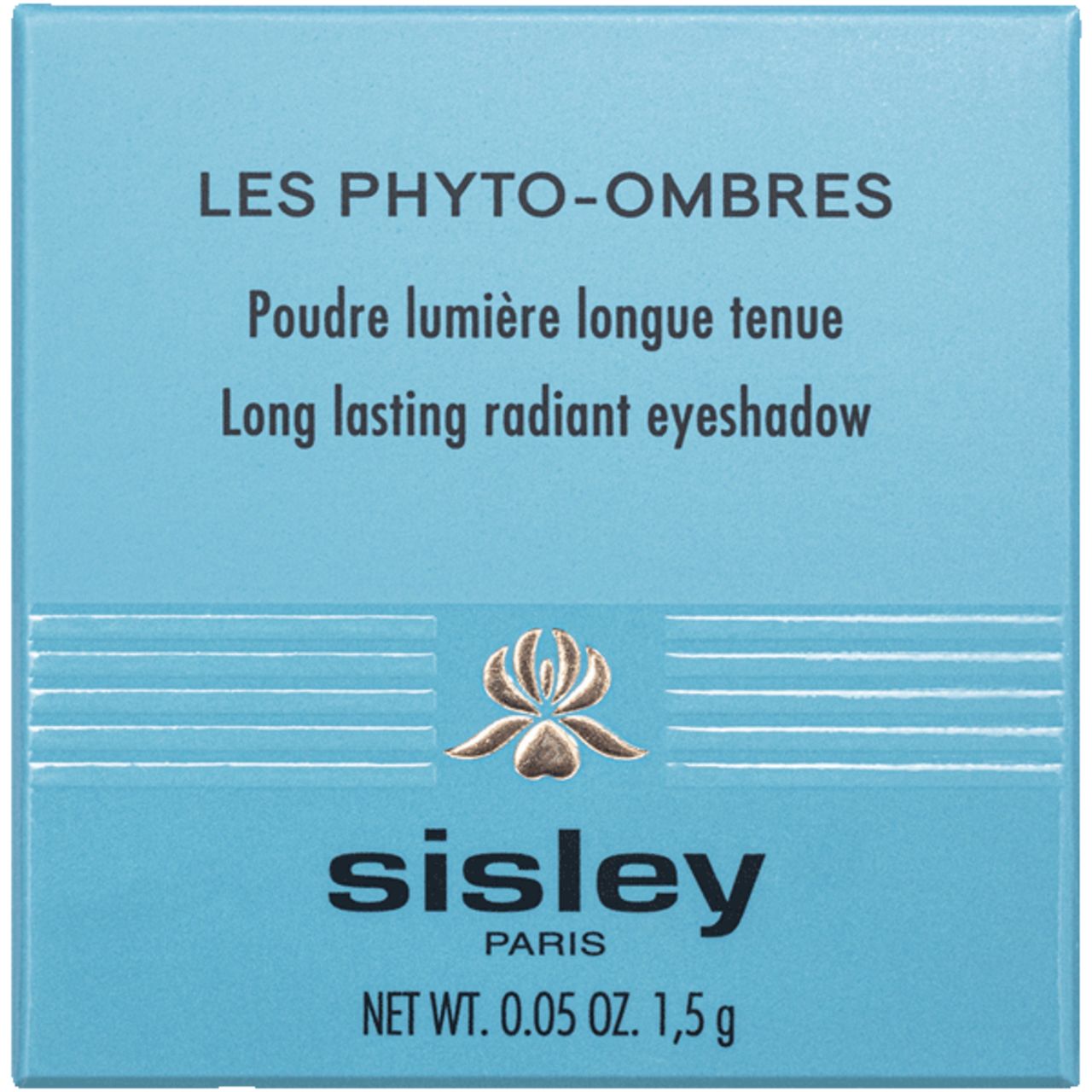 Hellblaue Schachtel mit Sisley-Logo und Produktnamen: Les Phyto-Ombres. Text: Poudre lumière longue tenue.