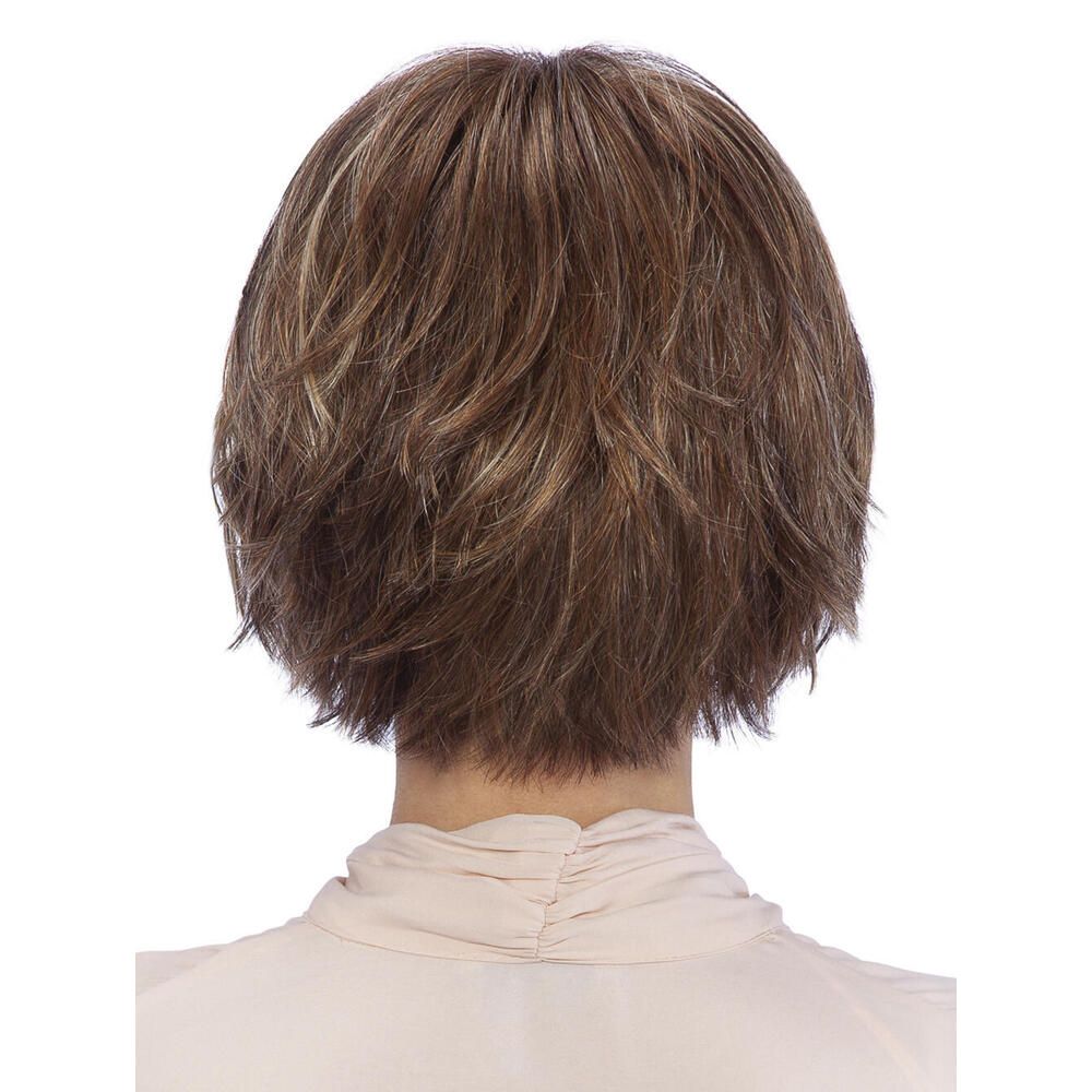 Perücke Sally von trendhair. Kurze, braune Kunsthaarperücke mit Pony. Rückansicht.