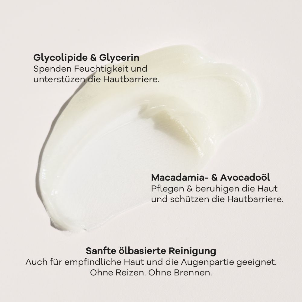 Cremige Textur von Skincerely Yours Reinigungsbalsam mit hervorgehobenen Inhaltsstoffen.