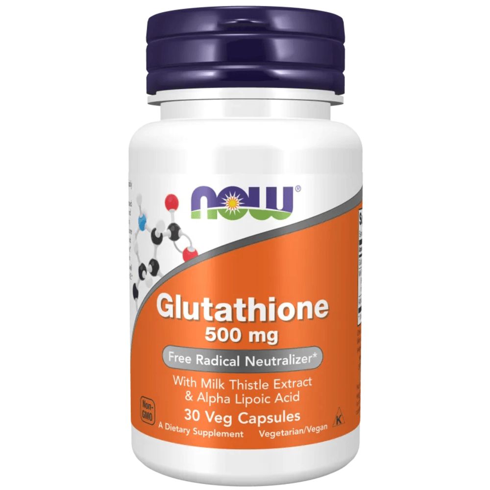 Weiße Flasche mit blauem Deckel. Aufschrift: Glutathion, 500 mg, 30 Veg Capsules. Marke: NOW.