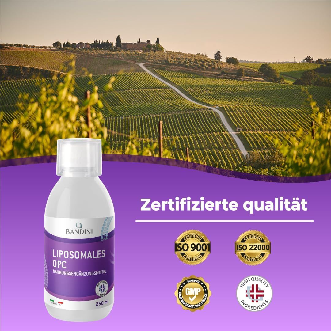 Bandini OPC Liposomales Nahrungsergänzungsmittel. Flasche mit weißem Deckel, lila Etikett. Zertifizierte Qualität.