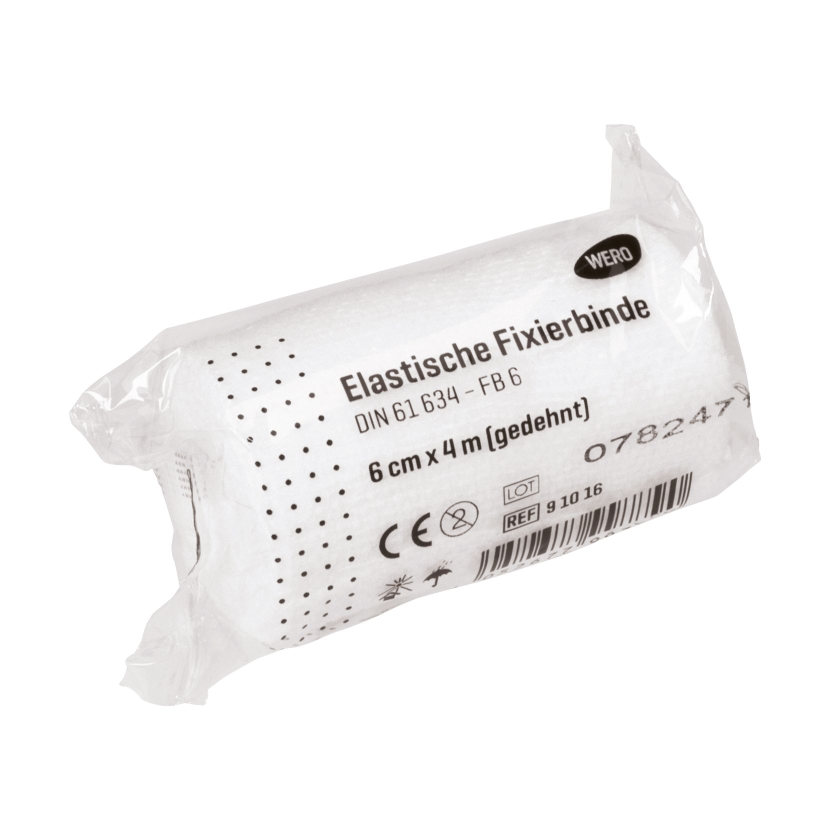 Elastische Fixierbinde in Folienverpackung. Aufschrift: 6 cm x 4 m, WERO, CE-Zeichen.