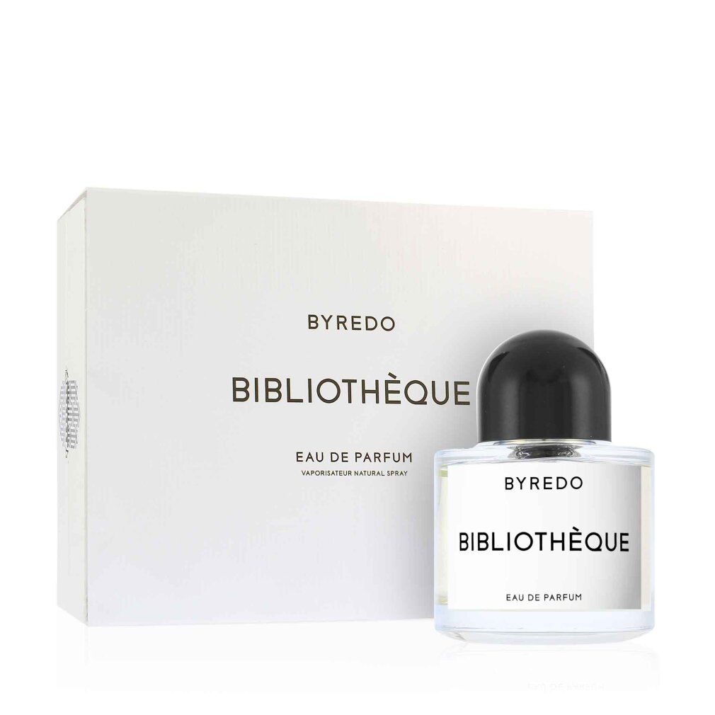 Weiße Verpackung mit Logo und Produktbezeichnung. "BYREDO", "BIBLIOTHÈQUE" und "EAU DE PARFUM" aufgedruckt.