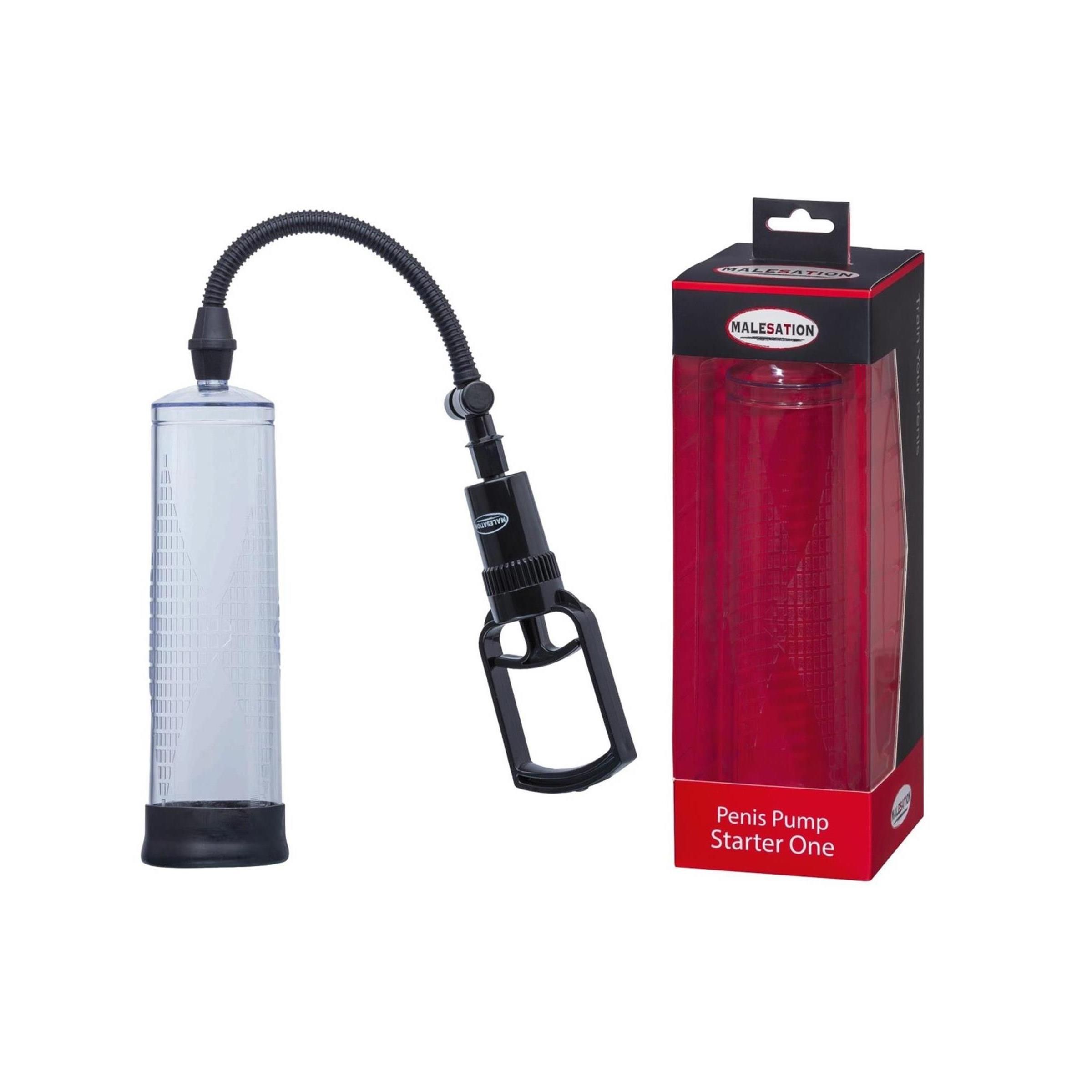 Penis Pumpe mit Schlauch und Griff. Transparenter Zylinder mit Skala. Verpackung mit Produktname und Logo.