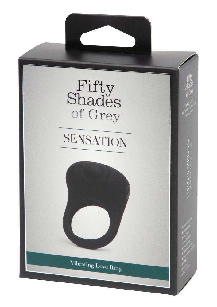 Schwarze Produktverpackung mit Produktabbildung. Aufschrift "Fifty Shades of Grey Sensation".