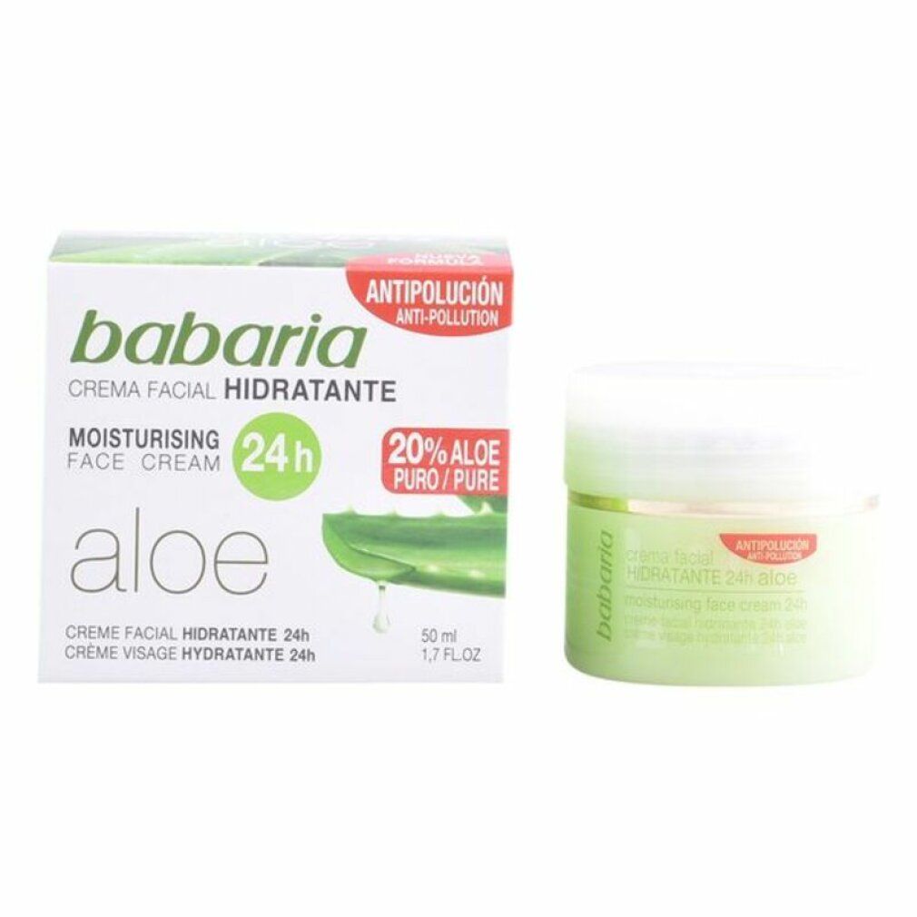Weißer Karton und Tiegel mit Babaria-Logo. Text: Crema Facial Hidratante, Moisturising Face Cream 24h, Aloe. Roter Aufkleber: Antipolución.