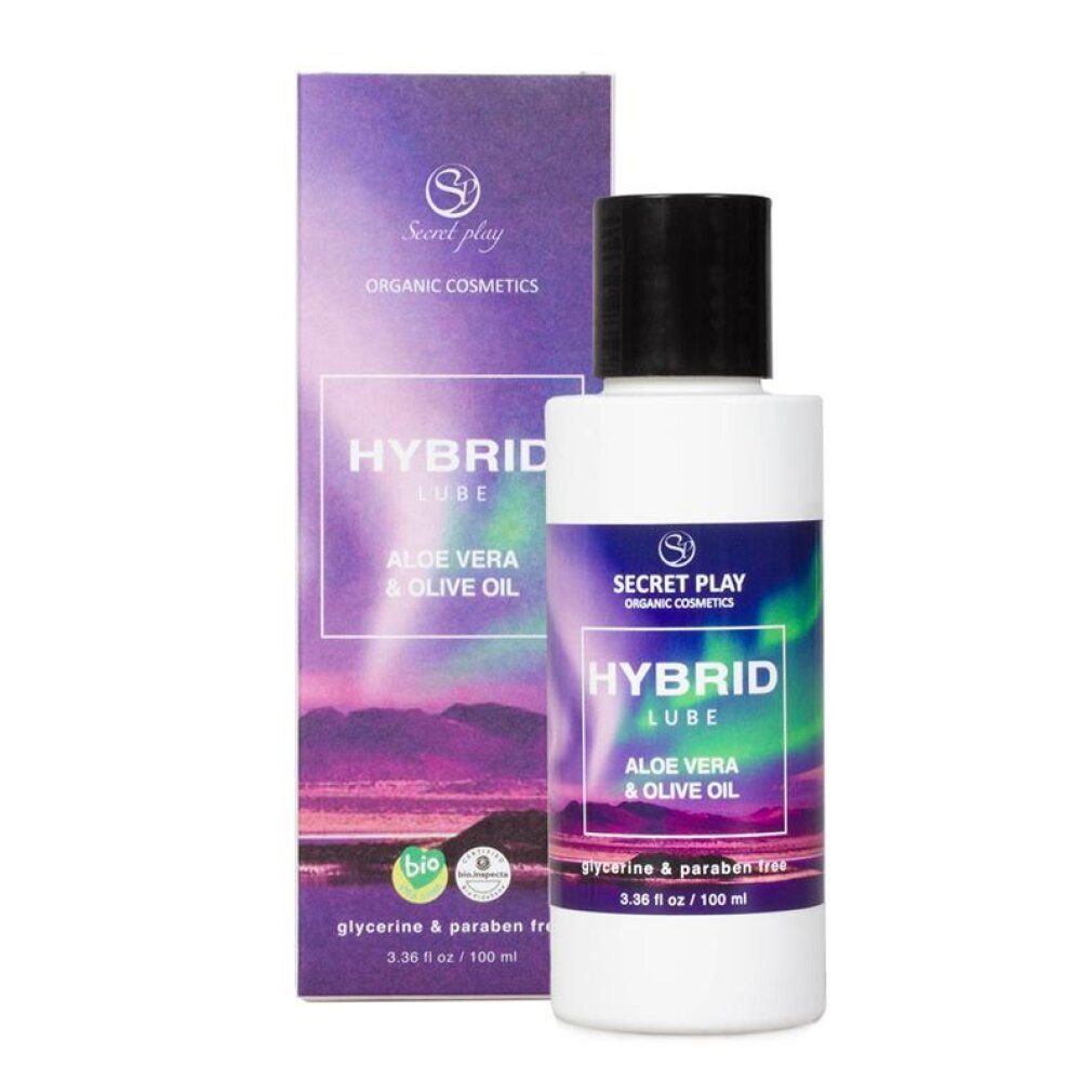 Secret Play Hybrid Gleitgel Flasche und Karton mit Aloe Vera und Olivenöl. Glycerin- und parabenfrei.