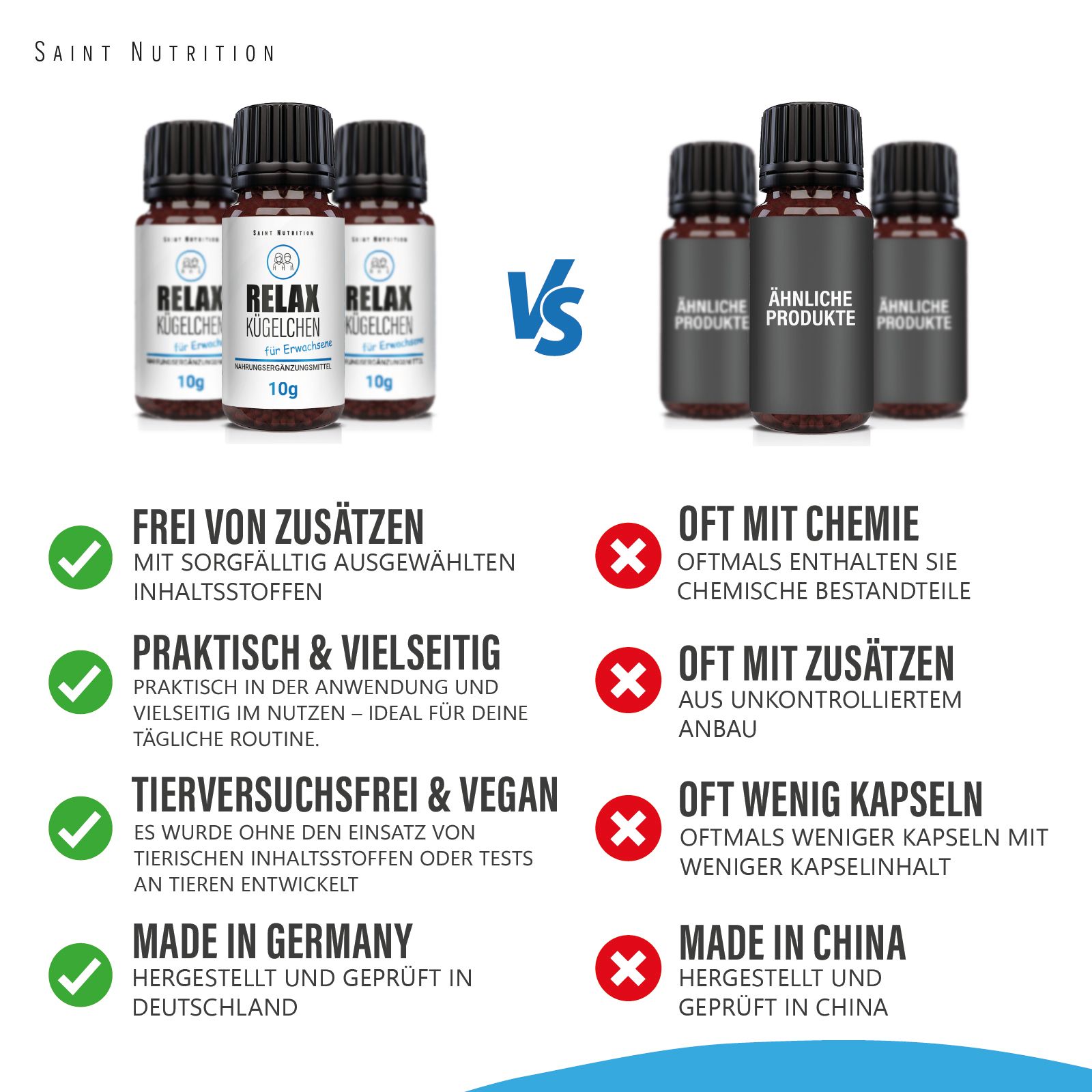 Vergleich von Produkten. Links: 3 Flaschen Relax Kügelchen. Rechts: Produkte mit Chemie, Zusätzen, wenig Kapseln. Made in Germany vs. China.