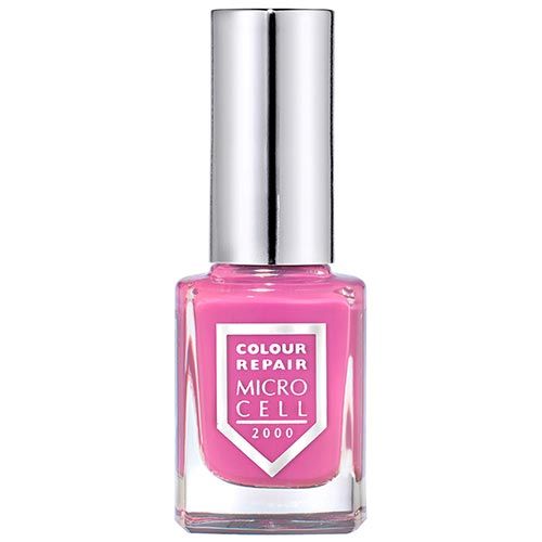 Nagellackflasche mit pinkfarbenem Inhalt und silberfarbenem Deckel. Auf der Vorderseite steht "COLOUR REPAIR MICRO CELL 2000".