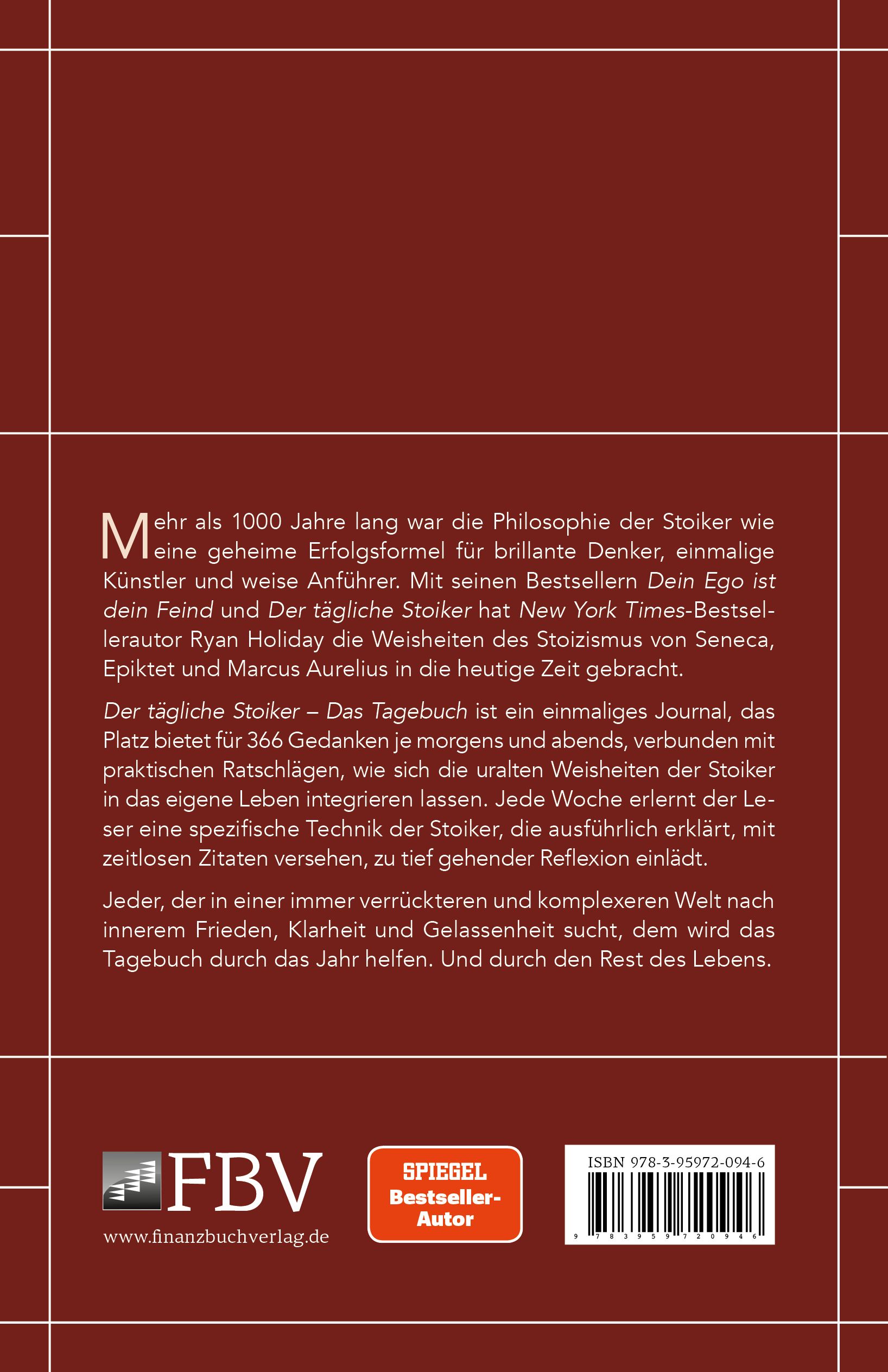 Rückseite des Buches. Text in deutscher Sprache. Titel: Der tägliche Stoiker – Das Tagebuch. Verlag: FinanzBuch Verlag. ISBN-Code.