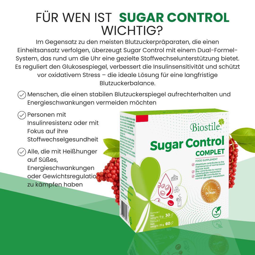 Biostile Sugar Control Komplett-Packung neben Text. Text: Für wen ist Sugar Control wichtig? Dual-Formel-System. Vegan-Siegel.