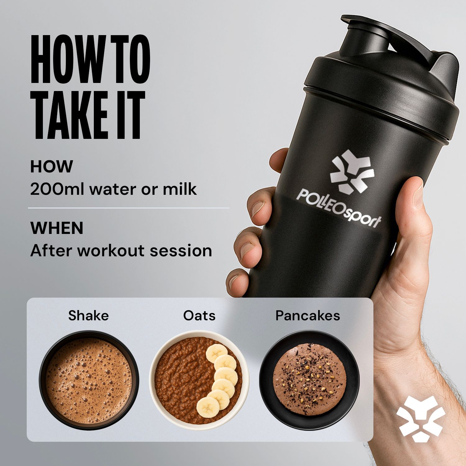 Schwarzer Shaker von PolleoSport, daneben drei Darstellungen von Zubereitungen mit Protein.