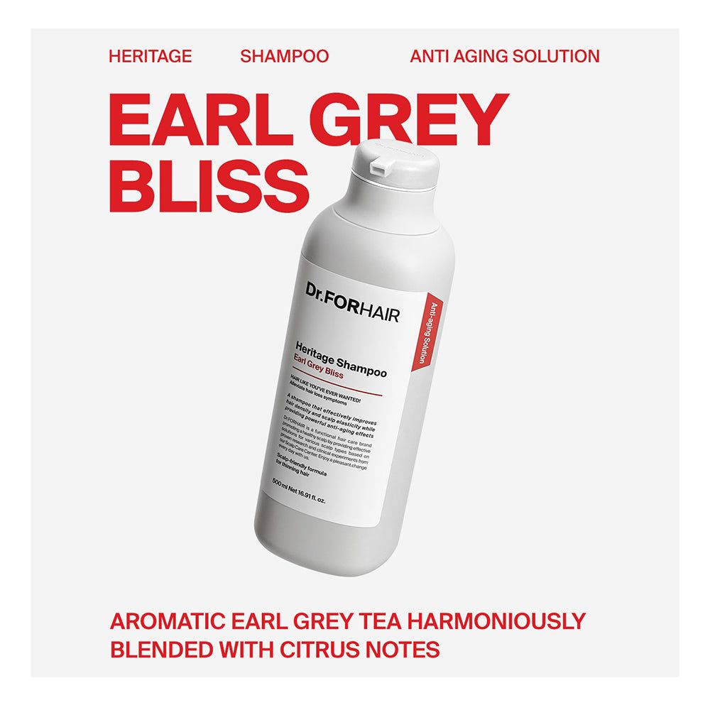 Dr. Forhair Heritage Shampoo Earl Grey Bliss Flasche mit Text und Beschreibung.