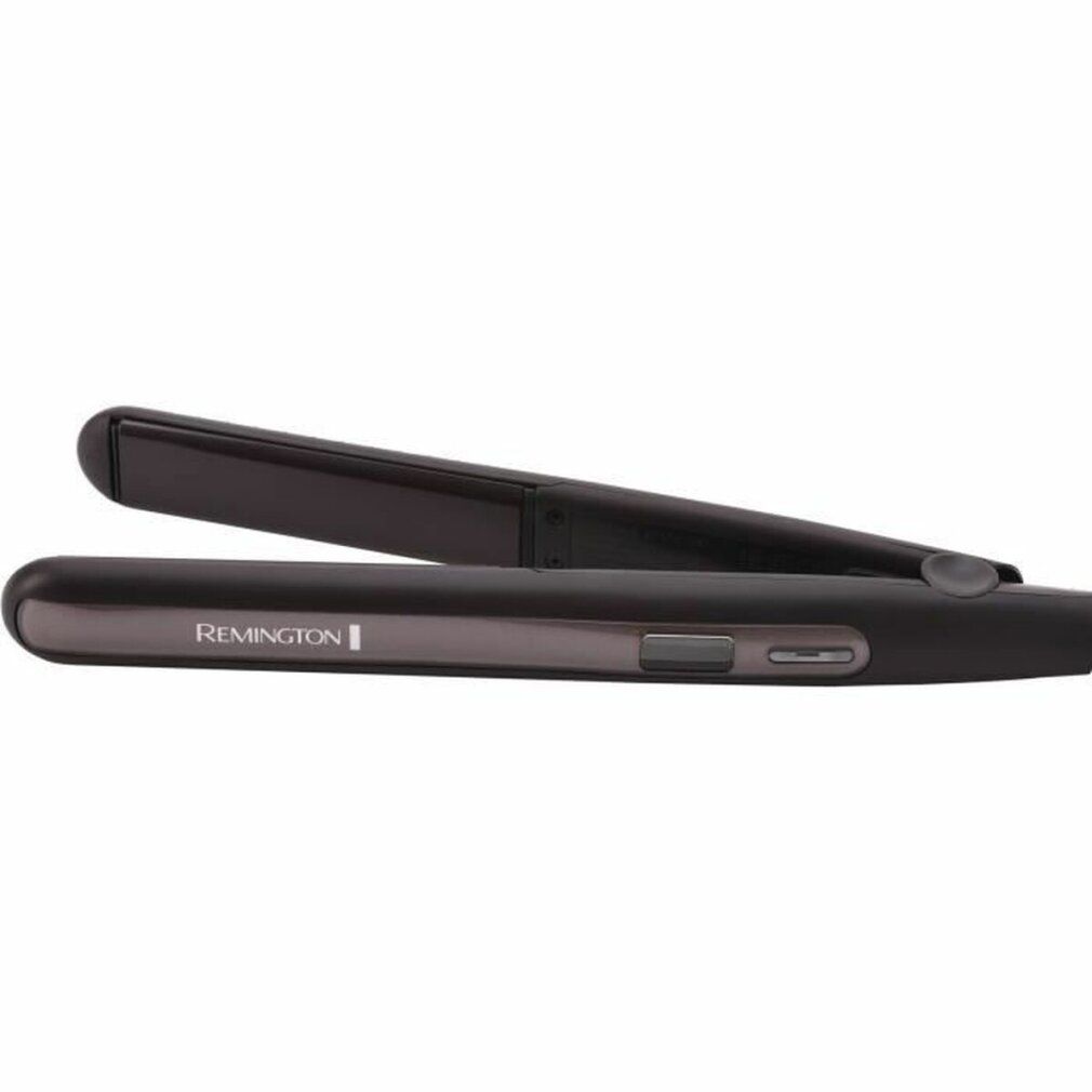 Schwarzes Glätteisen mit Remington-Logo. Seitliche Bedienelemente.
