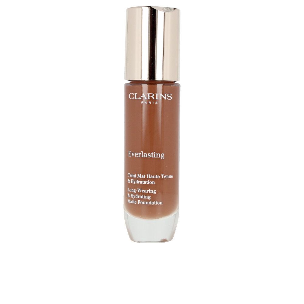Flakon Foundation. Braune Flüssigkeit, goldfarbener Deckel. Schriftzug: Clarins, Everlasting, Teint Mat Haute Tenue & Hydratation.