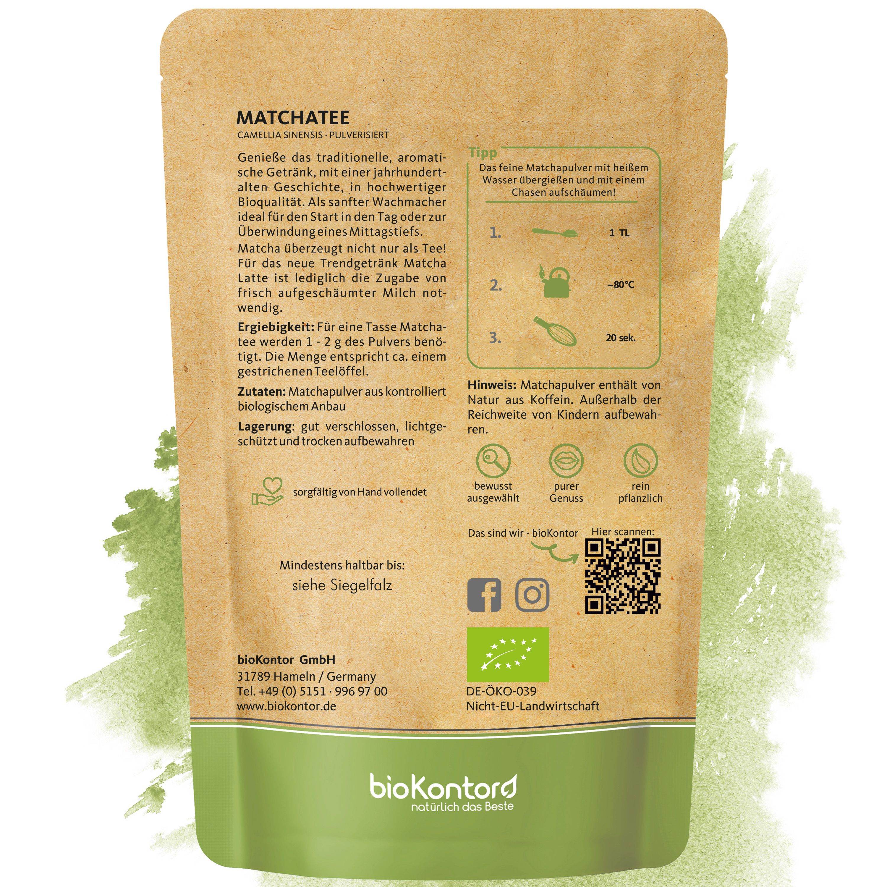 Rückseite einer bioKontor Matcha-Verpackung mit Bio-Siegel und Zubereitungstipps.