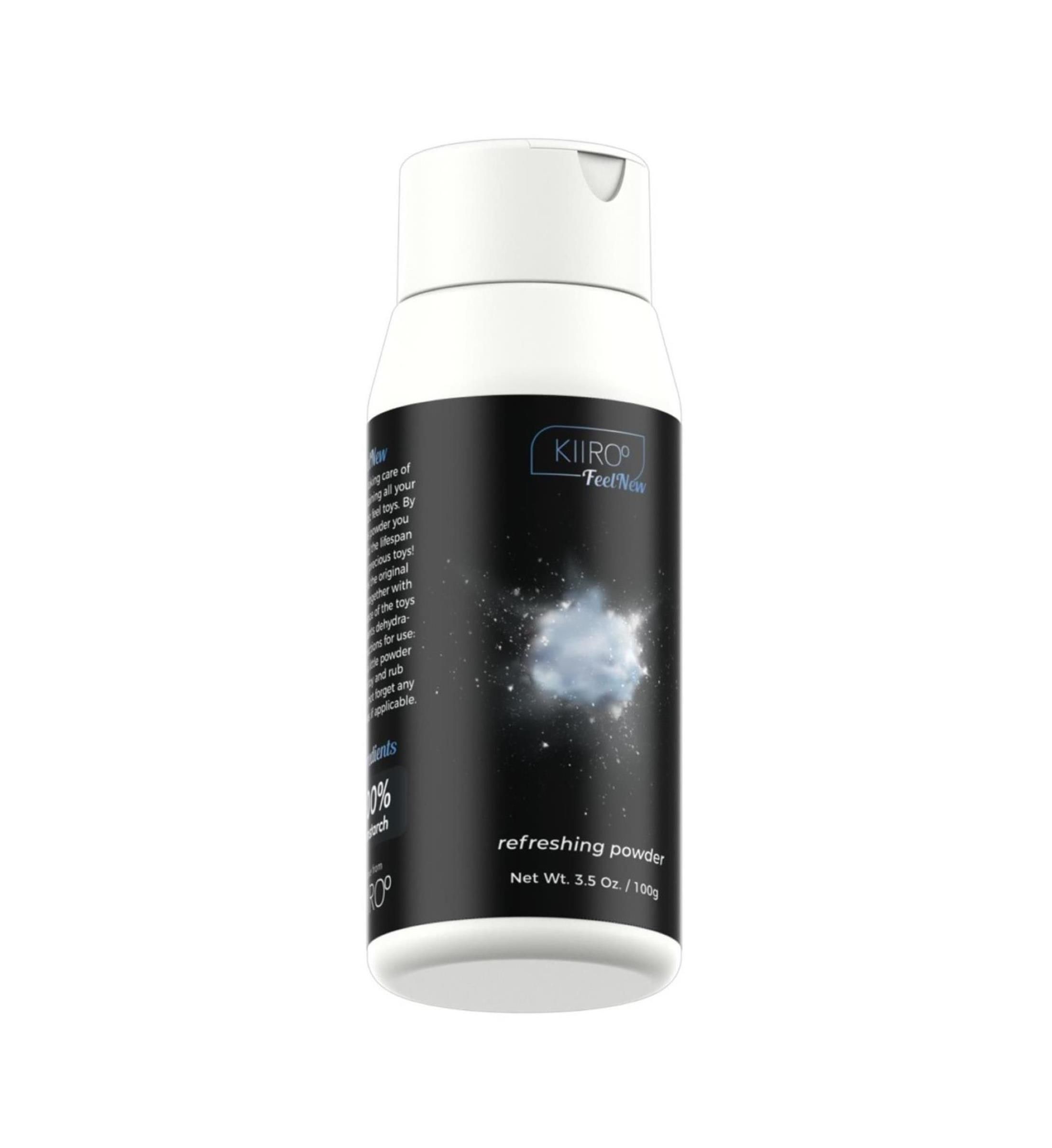Kiiroo FeelNew Refreshing Powder Flasche. Schwarzer Aufkleber mit weißer Schrift. Nettoinhalt 3,5 oz / 100 g.