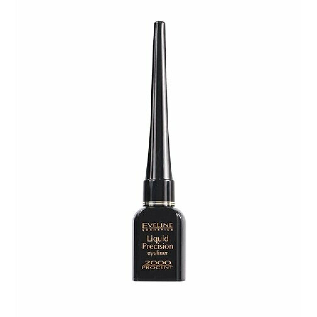 Schwarzer Eyeliner-Flakon mit spitzer Spitze. Aufschrift: Eveline Cosmetics Liquid Precision Eyeliner 2000 Prozent.