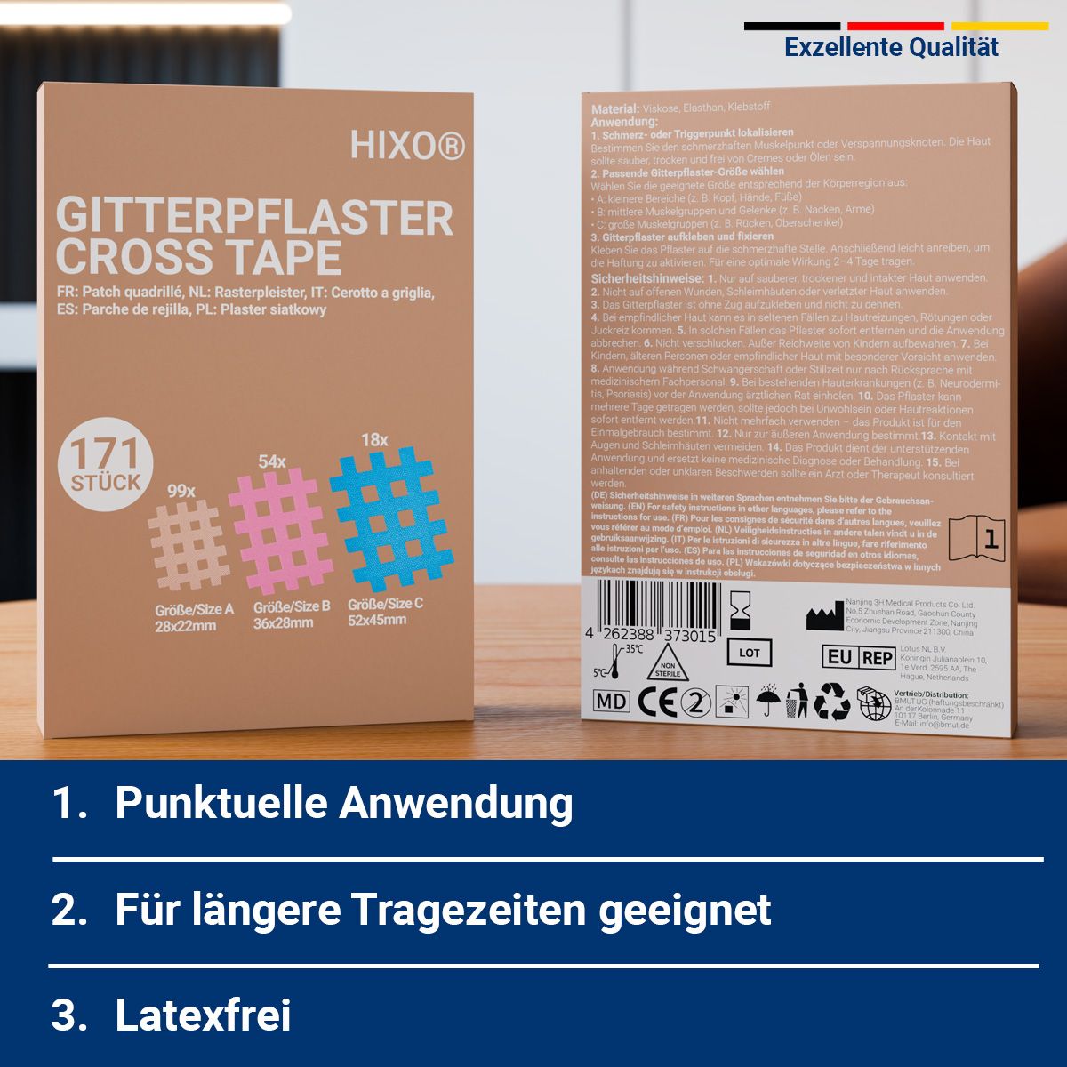 Vorder- und Rückseite der HIXO Gitterpflaster Cross Tape Packung. Mit Qualitätsmerkmalen und CE-Kennzeichnung.