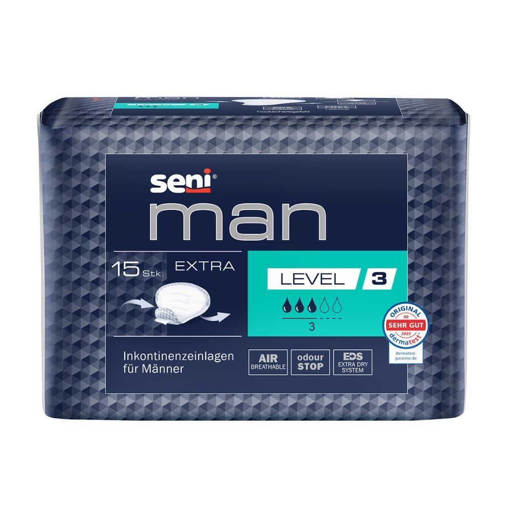 Verpackung Seni Man Extra Level 3. Blaue Verpackung mit Produktnamen, Saugstärke und weiteren Informationen. 15 Stück.